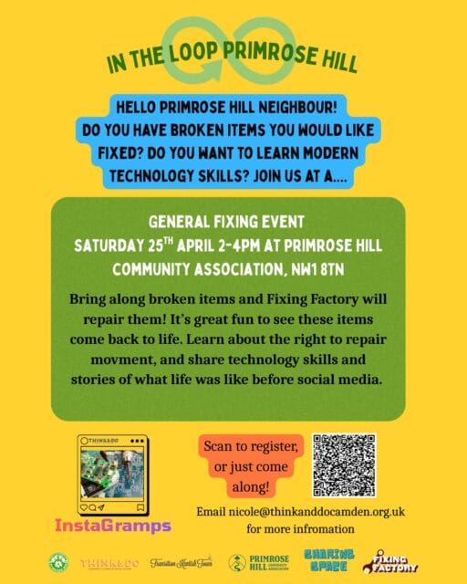 Want to give your broken items a new lease of life?
The less fixing that happens, the more we buy into an unfixable world. Don’t buy it - join us at our upcoming fixing event to share skills and stories, and connect with your community.
Register via the Eventbrite link in our bio or drop in on the day.
🗓️Saturday 25th April
⏰2-4 pm
📍Primrose Hill Community Association