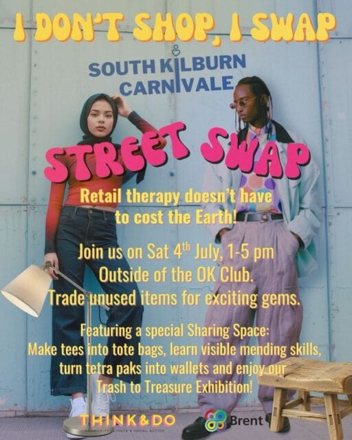 We’re looking forward to our Street Swap at South Kilburn CarniVale. Bring your underused items - small furniture, homeware, clothes and toys - and swap them for something new-to-you.
Plus, join us for a taster Sharing Space: learn visible mending, make tees into totes, and turn trash to treasure!
Don’t miss it. Eventbrite link in bio.
Want to volunteer, or find out how to run your own swap?
DM us to get involved.