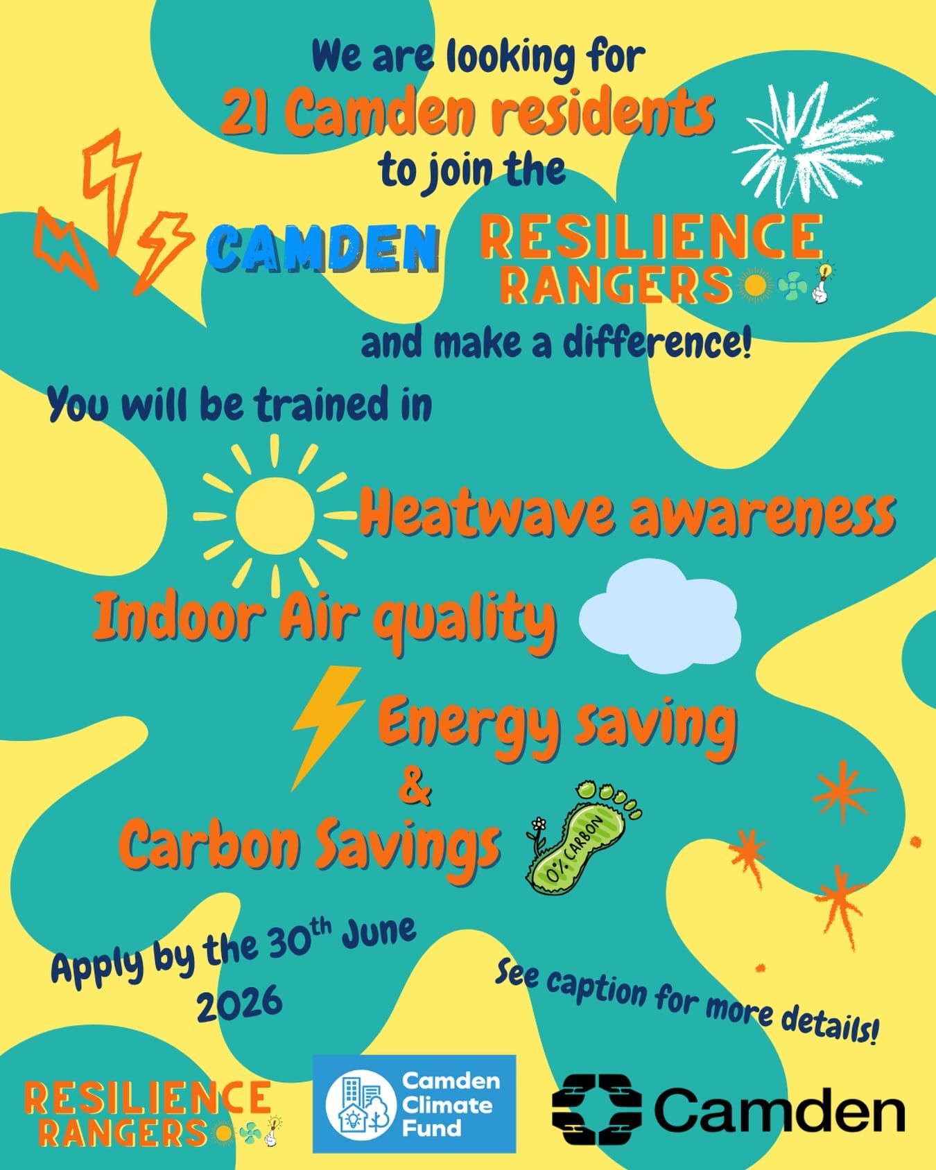 Camden residents, we’re looking for 21 people to join the Camden Resilience Rangers.
You will receive training and then share that knowledge with your community at local events and get paid the London Living Wage while doing it!
No experience needed. Just fill out our form. Apply by 30th June 2026 our first training session is 9th July.
Link in bio to sign up.
—
#CamdenResilienceRangers
#camdenclimate
#londoncommunity
#climateaction
#camdencouncil